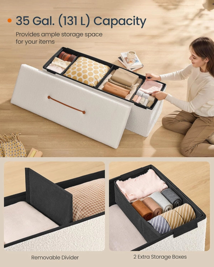 HOME Panca portaoggetti Ottomano, cassapanca 38,1 x 109,4 x 38,1 cm, panca da letto, portata fino a 300 kg, per soggiorno, camera da letto, ingresso, bianco crema ULSF097W01