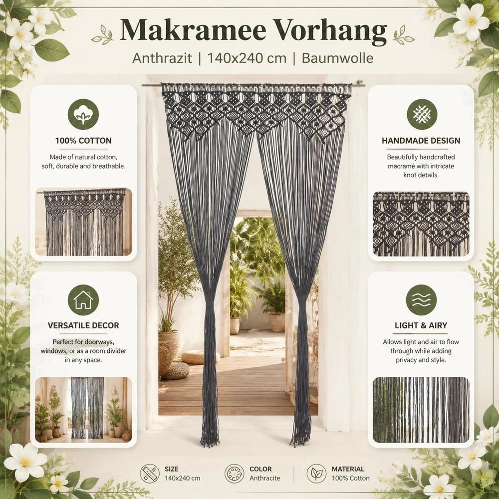 Macrame Curtain Anthracite 140x240 Cm Cotton
