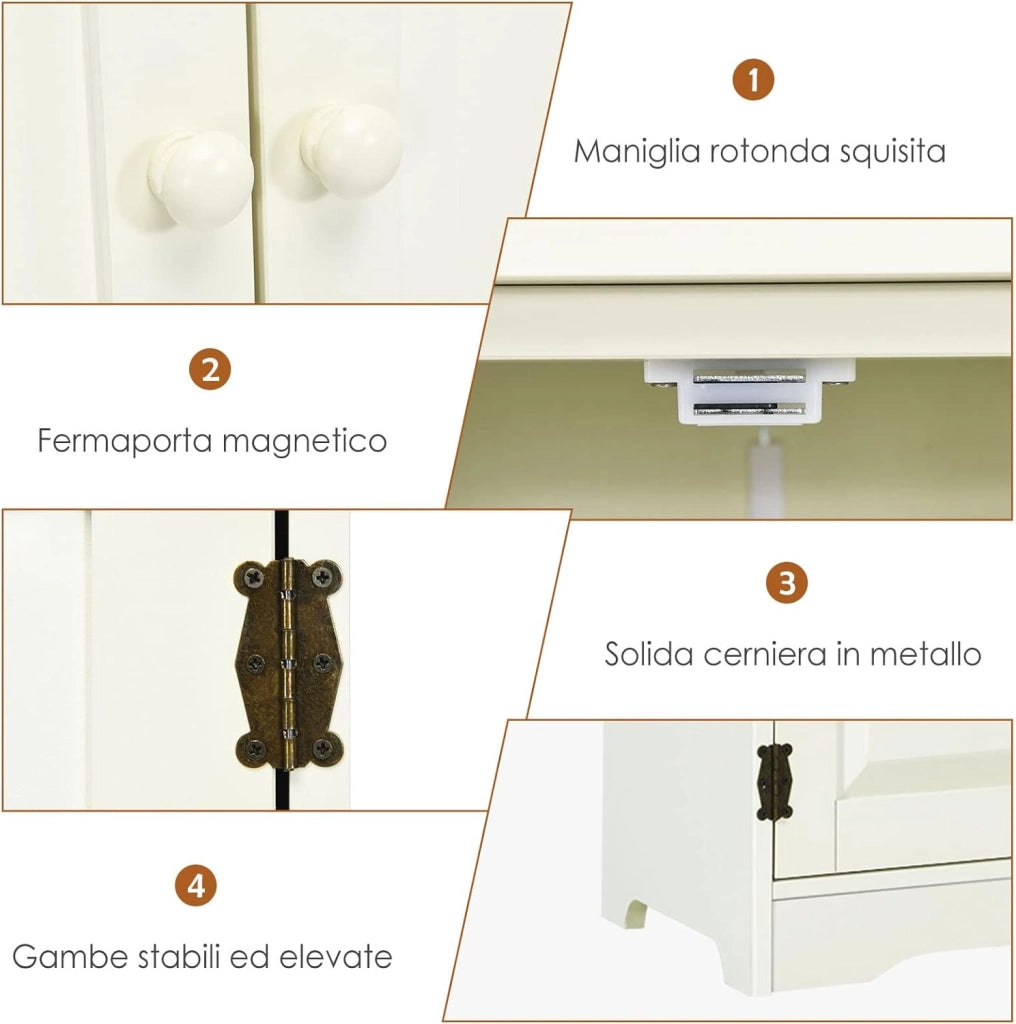 Mobile Multiuso, Armadio da Soggiorno, Credenza da Cucina in Legno, con 4 Ripiani, 59 x 32 x 123cm, Bianco e Nero (Bianco)