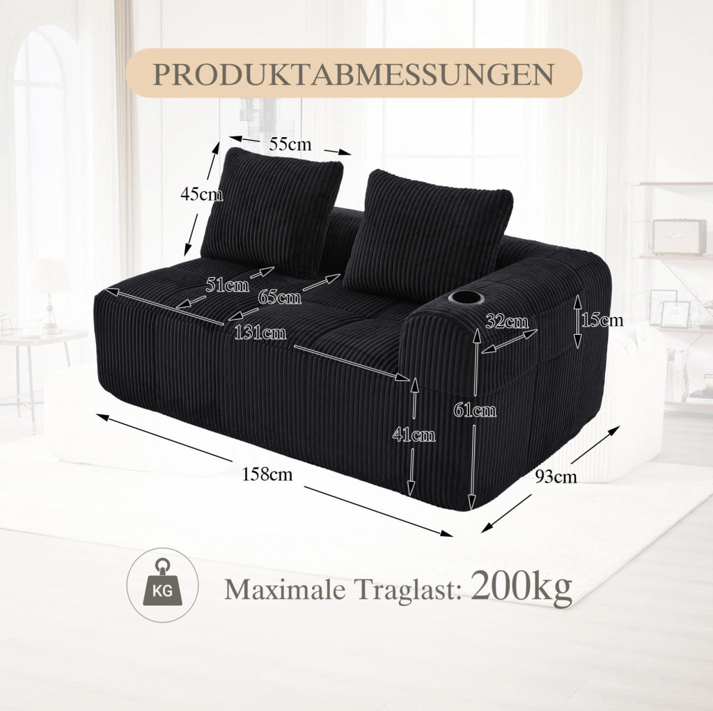 Divano 2 posti in corduroy nero 158x93x61 cm con tasche laterali e portabicchieri