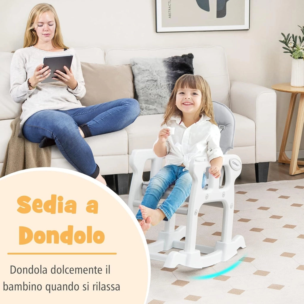 Seggiolone Pappa per Bambini 3 in 1, Seggiolone per Neonati con Vassoio Rimovibile, Cuscino, Schienale Regolabile e Cintura di Sicurezza a 5 Punti, 6-36 Mesi, Capacità 20 kg (Grigio)