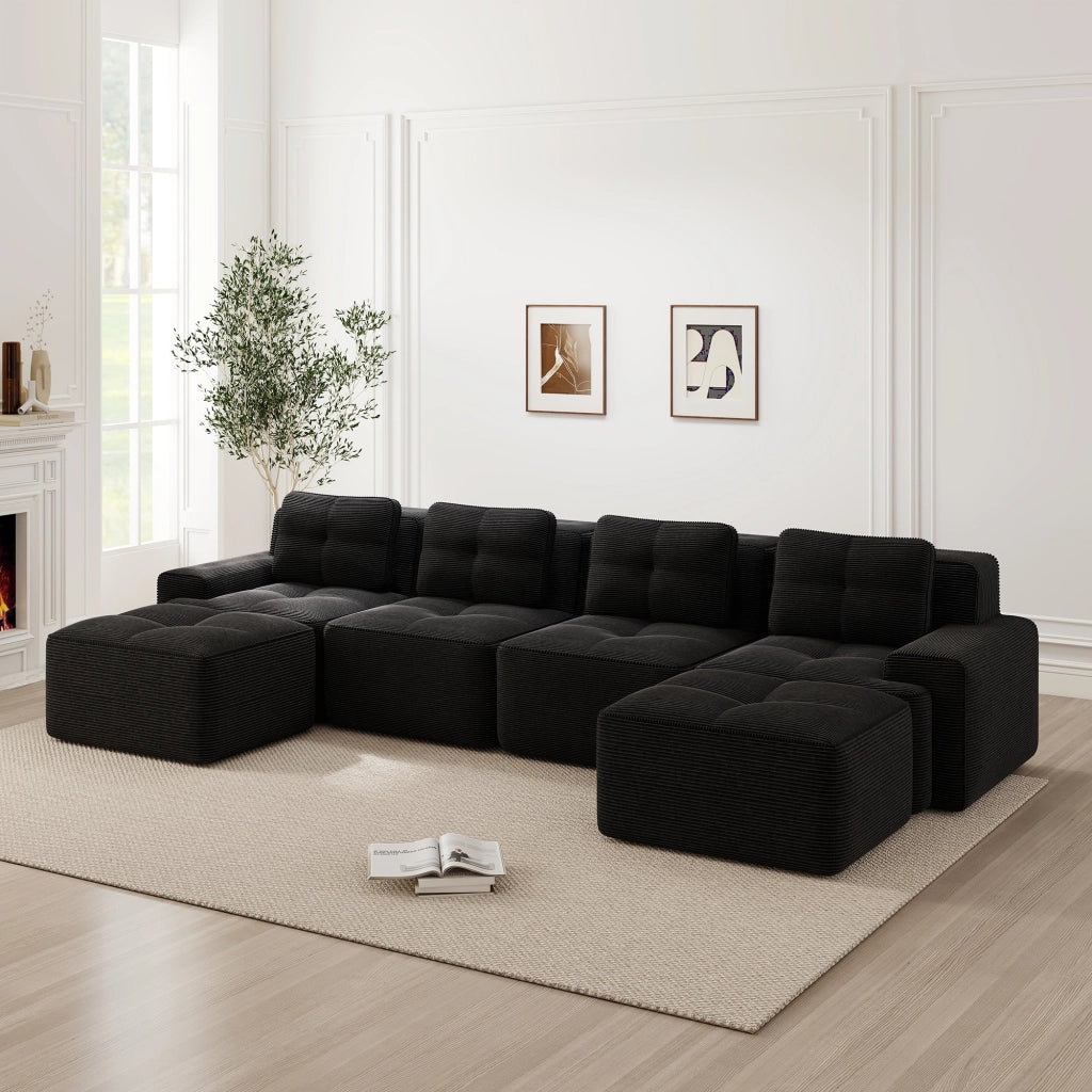 Divano Modulare Chaise Longue 4 Posti ¨C MINIMAL ¨C Velluto a Coste Nero, Morbido
