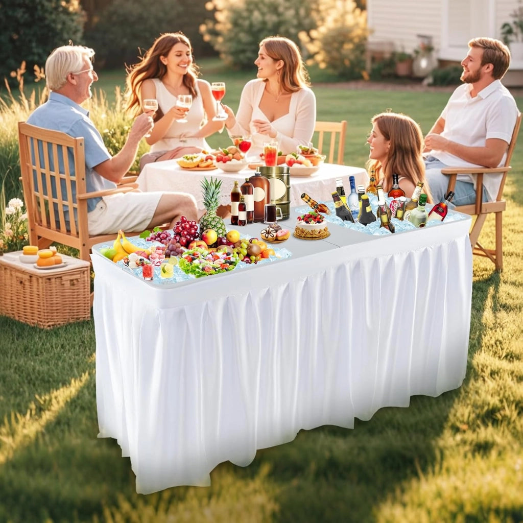 Tavolo refrigerante pieghevole per ghiaccio con doppio lavello profondo e foro di drenaggio, refrigerante per bevande con gonna da tavolo rimovibile, tavolo da giardino portatile per feste