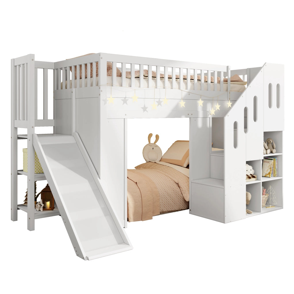 Letto a soppalco per bambini singolo 90 × 200 cm con scivolo, scala contenitore e luce led, senza materasso, bianco