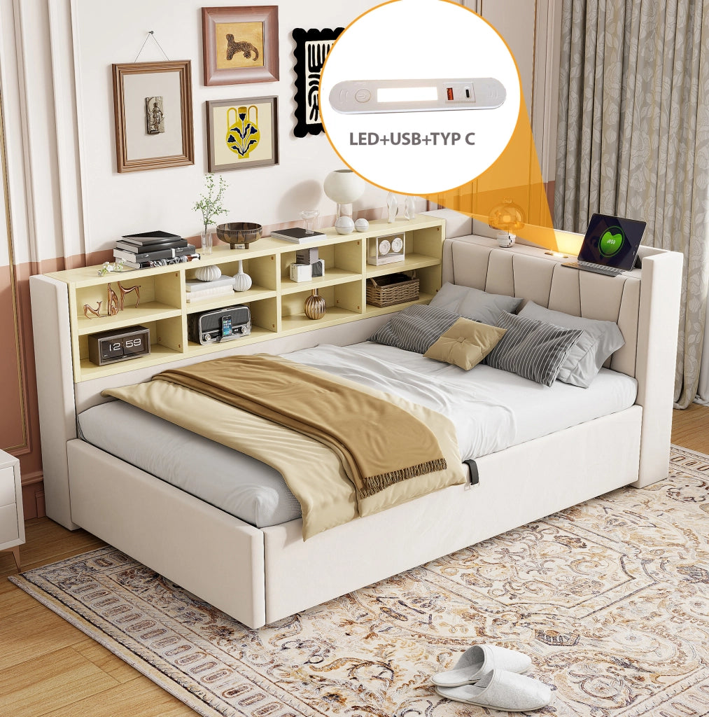 Letto imbottito multifunzione 90 x 200 cm con vano idraulico; USB e Type-C; velluto beige