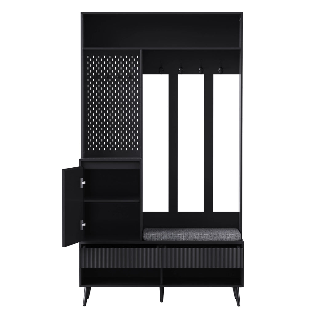 Mobile ingresso multifunzione con panca, 4 ganci, 2 cassetti e vano contenitore, nero, 100 x 35 x 180 cm