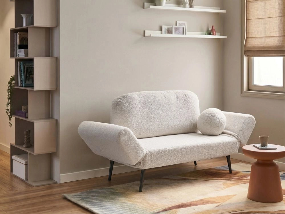 Divano letto con funzione letto cuscino rotondo rivestimento in bouclé gambe in ferro per soggiorno o camera da letto color bianco sporco