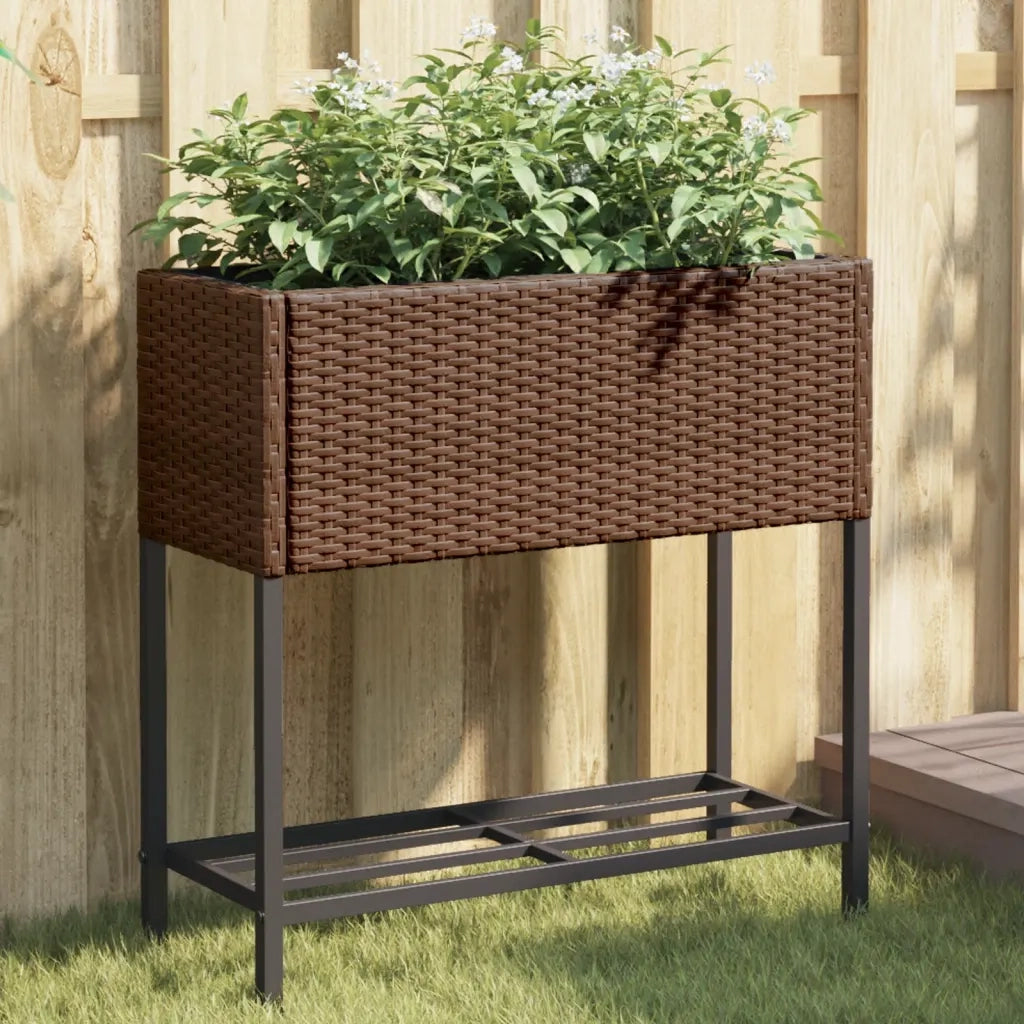 Fioriera | Cassetta per fiori | Vaso da Giardino con Ripiano Marrone in Polyrattan