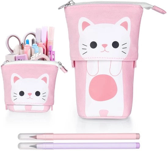 Etui 2-in-1 con chiusura a rilievo, contenitore per ragazze, contenitore e porta penna, etui telescopico, con 2 penna a sfera permanente, design cartoon per ragazze adolescenti