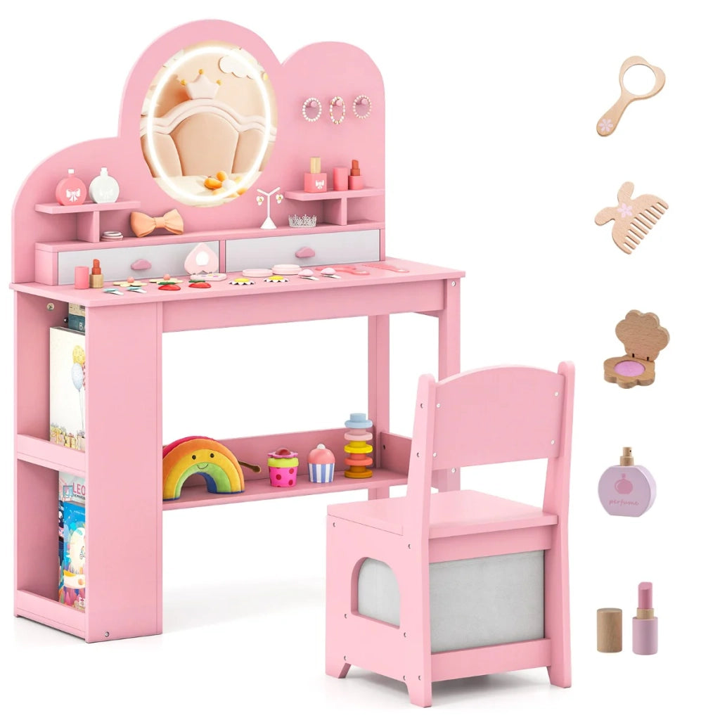 Toeletta per bambini 80,5 x 29,5 x 107 cm con specchio ergonomico illuminato e dispositivi di sicurezza rinforzati realizzata in MDF rosa 20_0017130