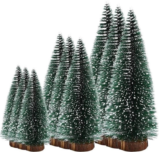 Set di alberi di Natale in fibra di vetro con effetto neve e base in legno - Decorazione per tavola da Natale 10/15/20 cm