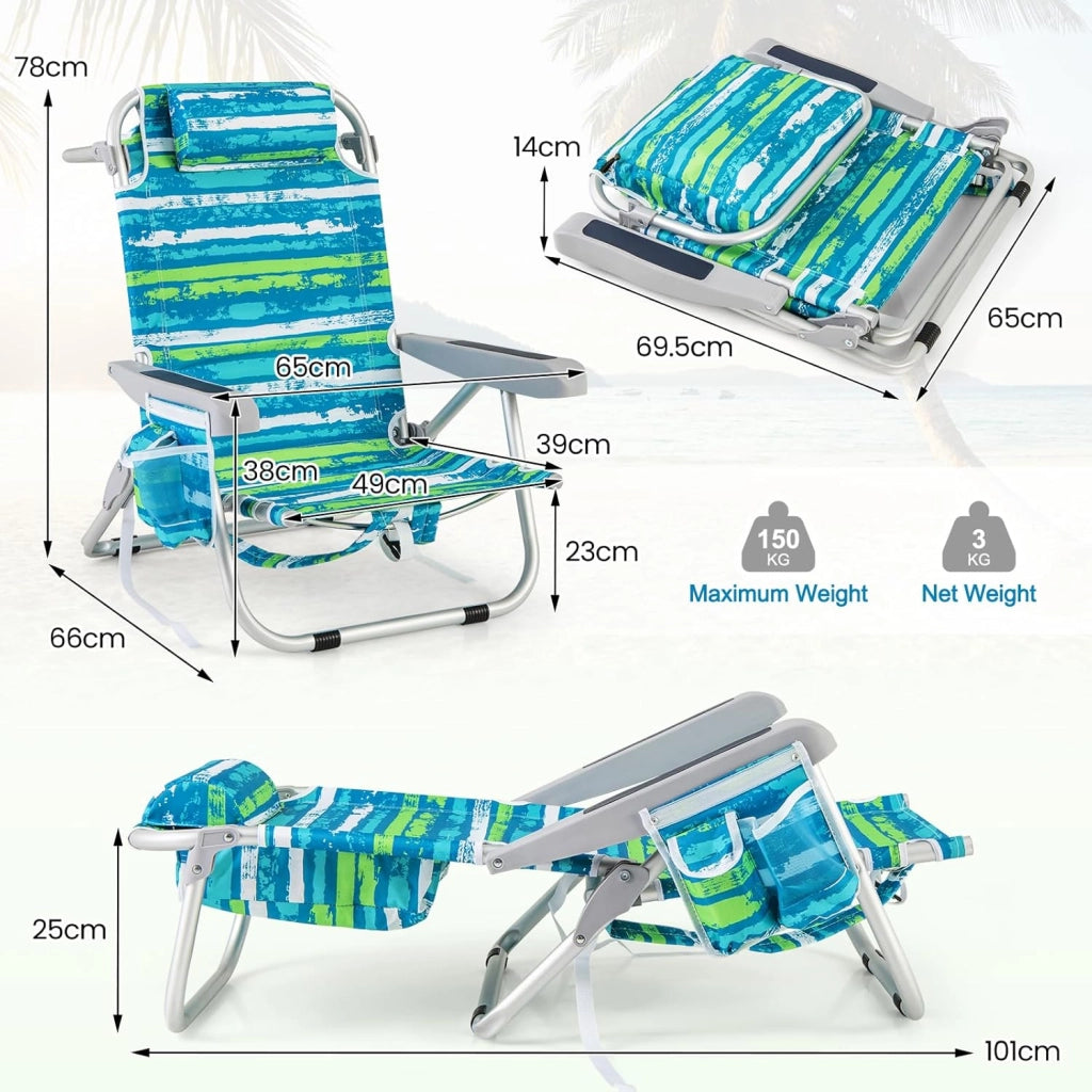 Sedia da Spiaggia Pieghevole, Spiaggina con Schienale Regolabile in 5 Posizioni, Sdraio Mare con Poggiatesta, Lettino Prendisole con Tasca Laterale, Carico 150 kg (Blu+Verde*2)
