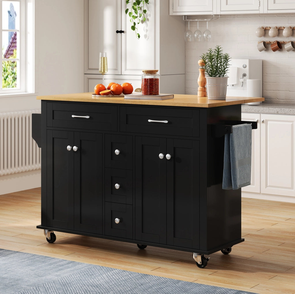 Carrello cucina con piano allungabile 140x65x89 cm in MDF; nero e naturale