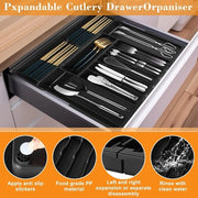 Organizzatore estensibile per utensili da cucina – Cassetto per coltelli grande con 9 contenitori, regolabile da 27 cm a 51 cm