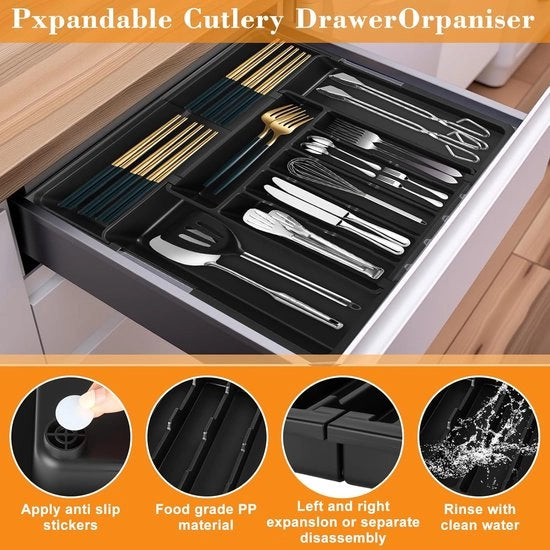 Organizzatore estensibile per utensili da cucina – Cassetto per coltelli grande con 9 contenitori, regolabile da 27 cm a 51 cm