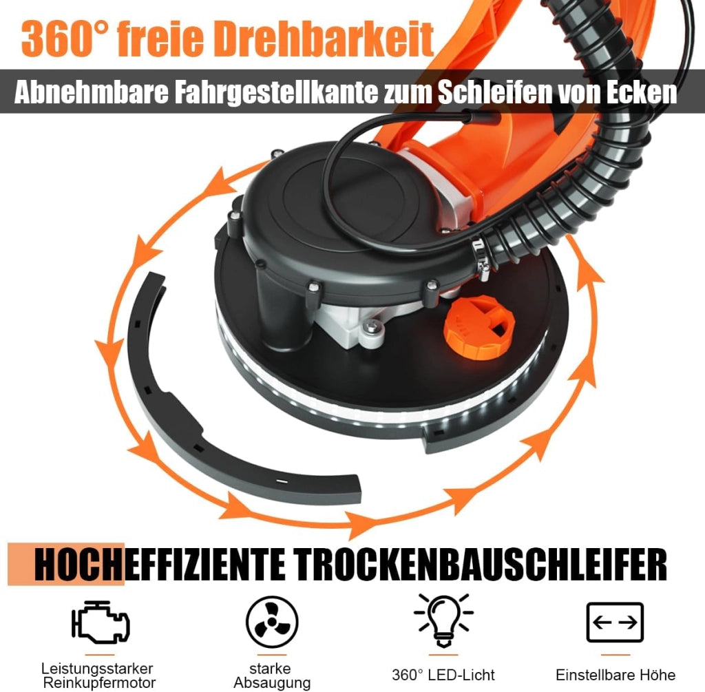 Levigatrice per Muro 750W, Ø 250 MM, 6 Velocità Massima di Rotazione 1750 Giri/Min, Giraffa Levigatrice con Manico Telescopico, Luce LED, 12 Carte Abrasivi & Sacchetto, per Muro, Soffitti
