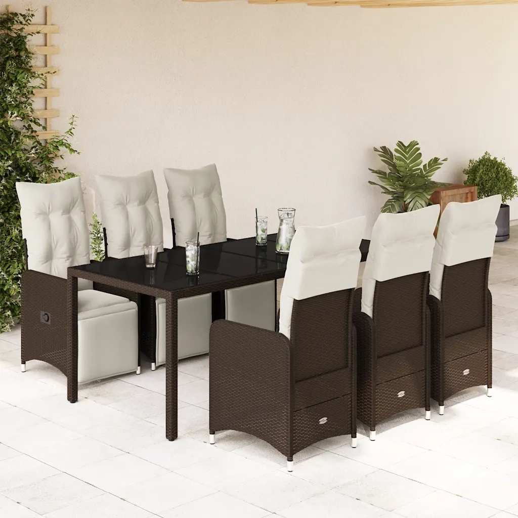 Set BistrÃ² da Giardino 7 pz con Cuscini in Polyrattan Marrone