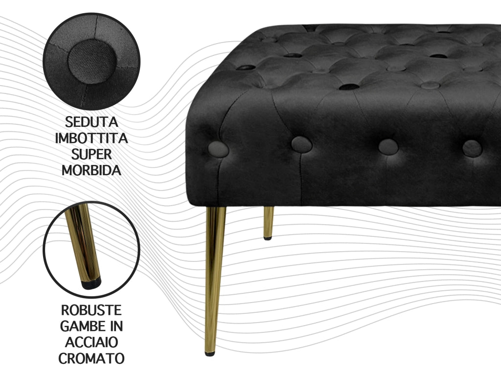 Panca Imbottita Divanetto In Velluto Sgabello A Pie Di Letto Con Gambe In Metallo Dorato Panchina Ingresso Legno Massello Pouf - Nero