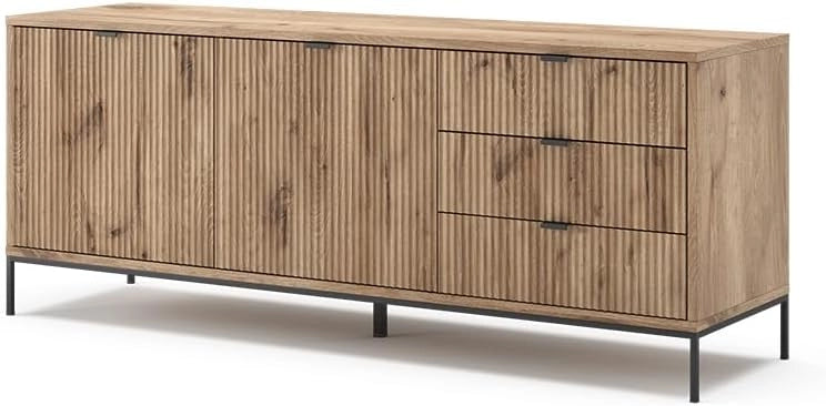Lowboard Eliza, Quercia dorata/antracite, 150 x 60 cm con 3 cassetti, utilizzabile come supporto TV e per la conservazione