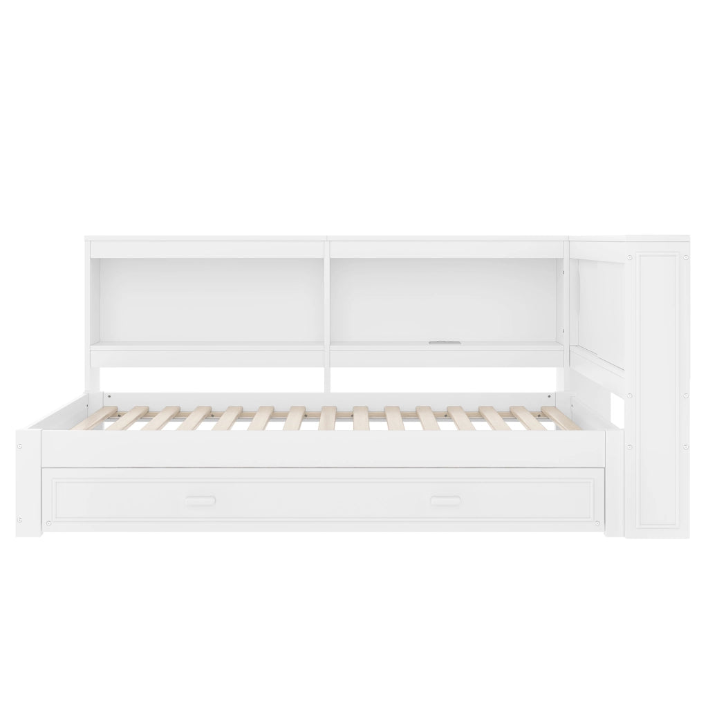 Letto estraibile singolo 90×200 cm con LED; presa; USB; Type-C e ripiani; senza materasso; bianco