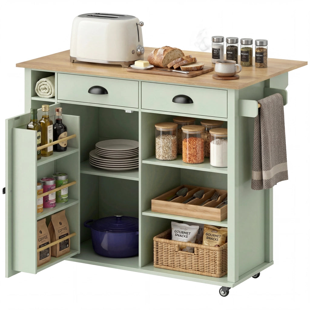 Tavolo da cucina allungabile con rotelle e cassetti ¨C zephmum ¨C verde 120x60x90 cm