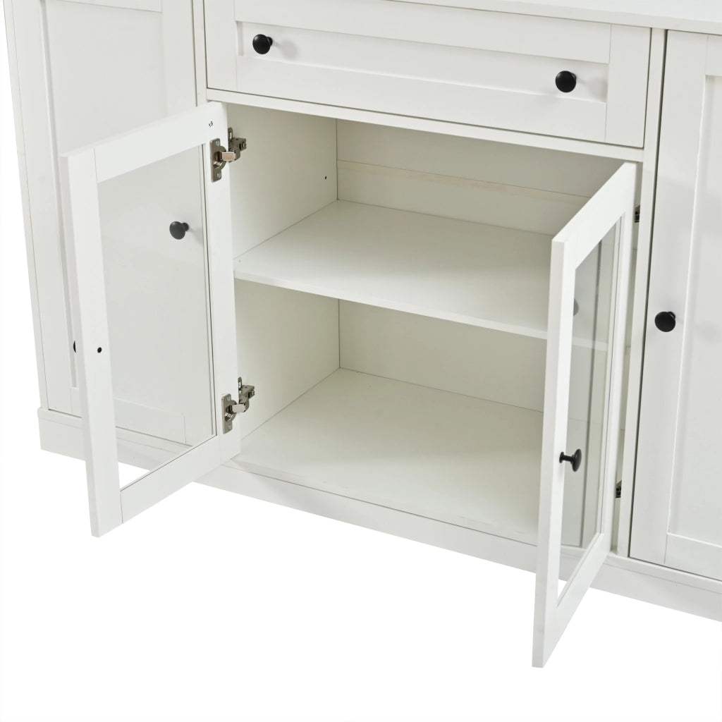 Credenza a quattro ante, mobile da ingresso, 2 ante in vetro, con cassetti, 138 x 40 x 83 cm, bianca