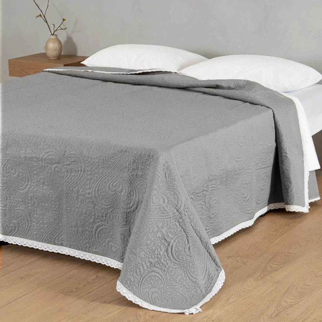 Copriletto Trapuntato Matrimoniale 250x250 cm in Microfibra con Balza in Pizzo, Imbottitura Primaverile Estiva 100 g/m² Grigio
