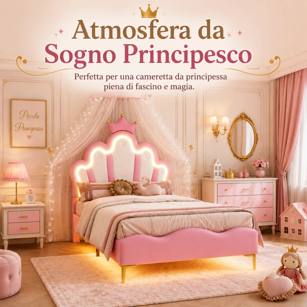 Letto singolo per bambina 90x200 cm ecopelle rosa, testiera a corona con luci LED, illuminazione sotto il letto, gambe dorate, telaio robusto
