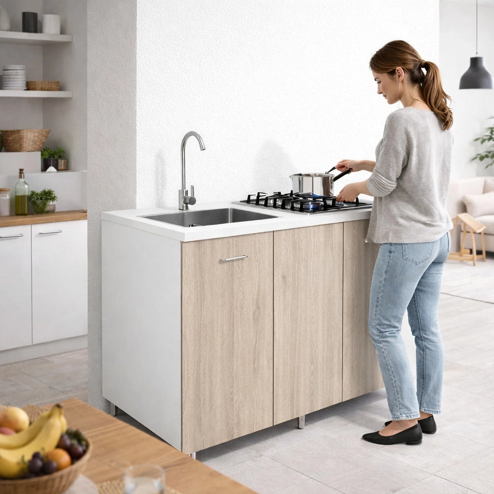 Cucina Completa 120x60cm Olmo Piano Cottura 4 Fuochi Lavello con Rubinetteria