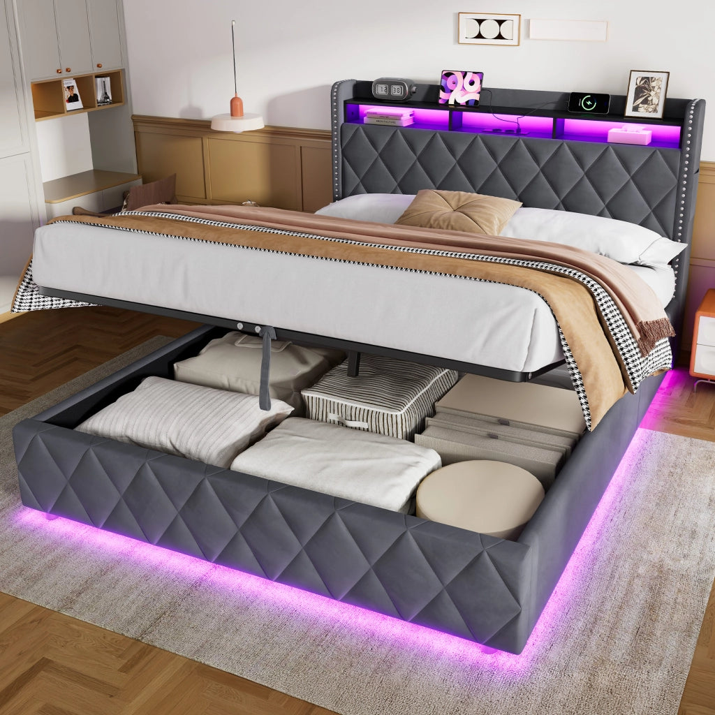 Letto matrimoniale imbottito contenitore grigio scuro 160x200 cm con LED e dock USB