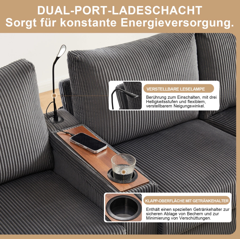 Divano a U in ciniglia grigia con 2 pouf, luce da lettura, vano portaoggetti e prese USB/Type-C