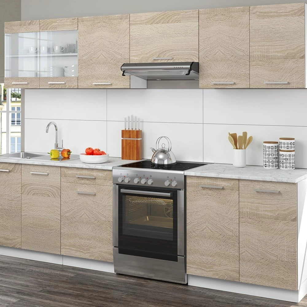 Mobile da cucina Raul, Sonoma, 270 cm, PL Marmo con striscia LED, con moduli regolabili e piedini ad altezza variabile