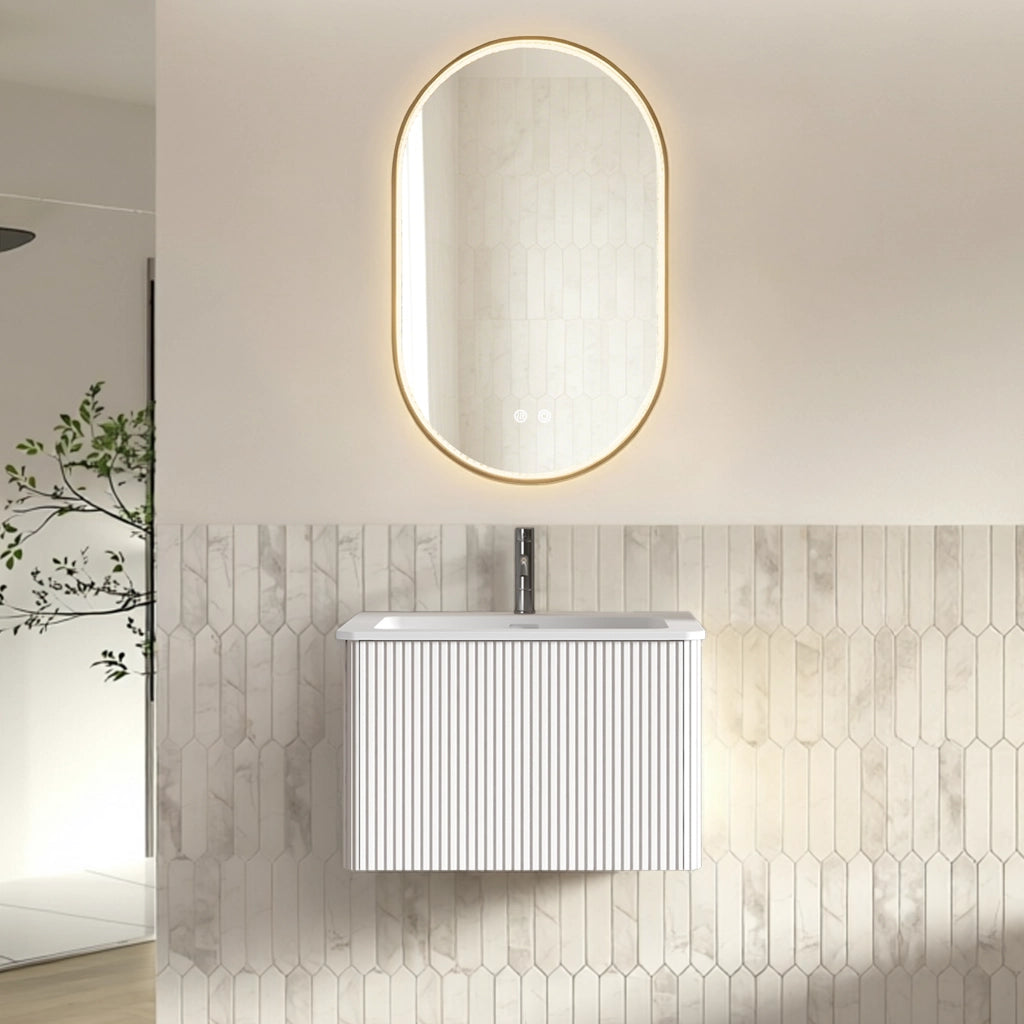 Mobile bagno sospeso con lavabo integrato; 1 cassetto e specchio LED con antiappannamento per bagno; bianco