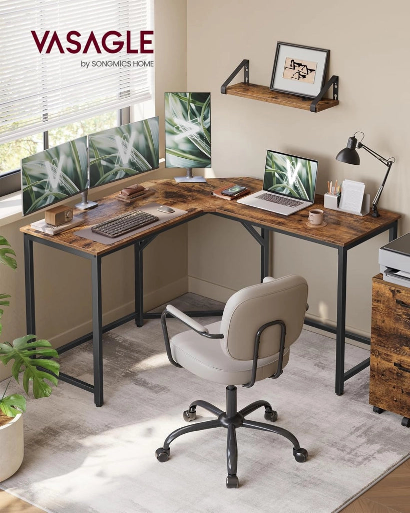 VASAGLE Scrivania Angolare, Scrivania per Computer a Forma di L, 129 x 129 x 76 cm, per Ufficio Studio Gaming, Marrone Vintage e Nero Inchiostro LWD124K01
