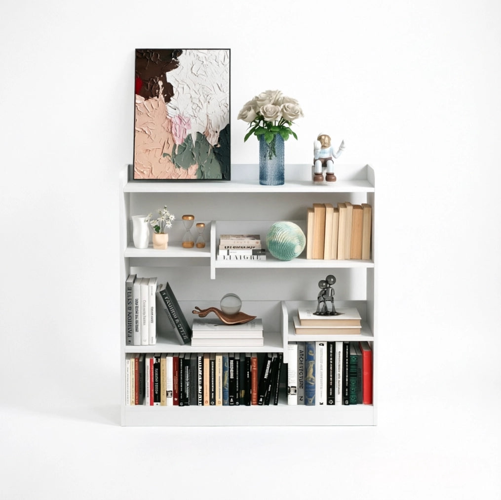 Libreria bianca a 4 livelli con ripiani regolabili, 90 x 24 x 91 cm