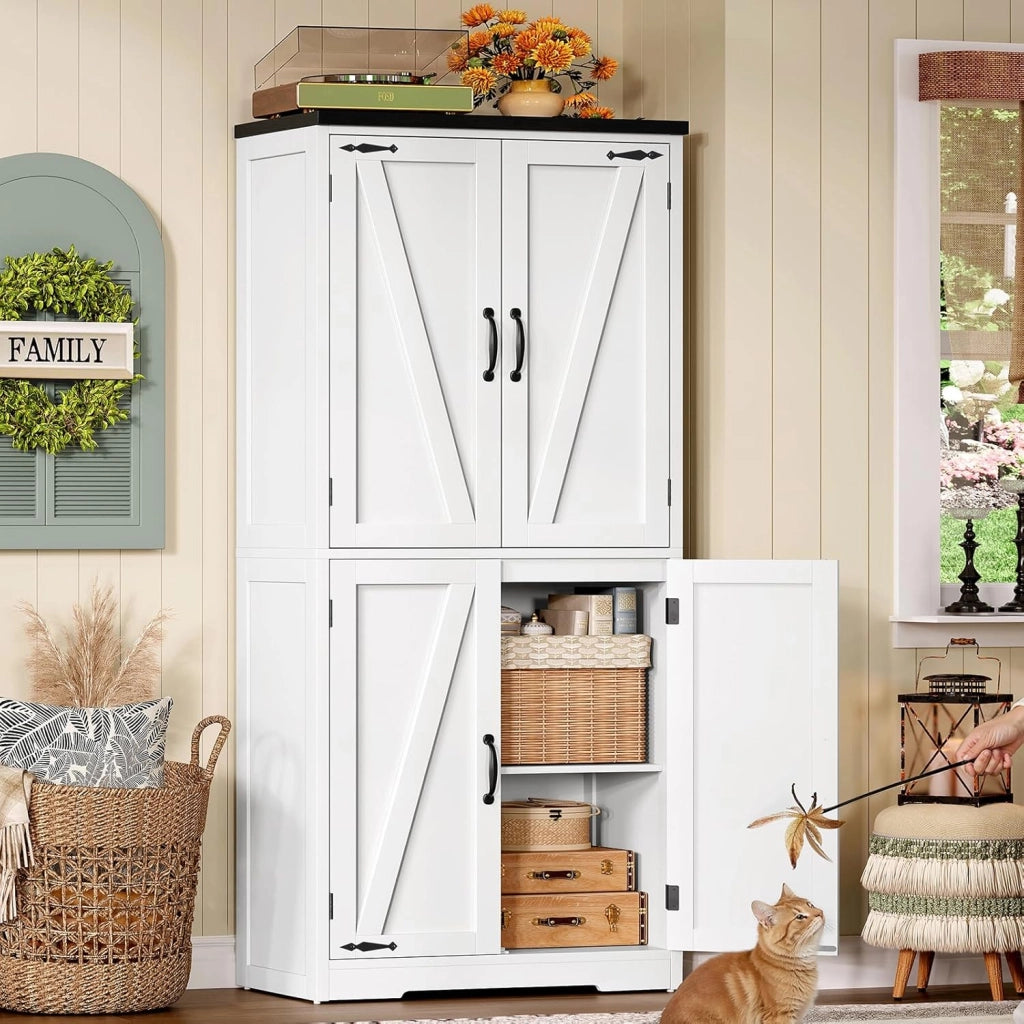 Credenza Cucina, Mobile Cucina con 4 Ante e Ripiani Regolabili, Dispensa Cucina con Maniglie Nere, per Soggiorno e Sala da Pranzo, Bianco – 60x30x148 cm