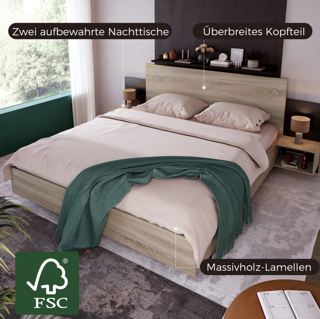 Letto matrimoniale 160x200 cm in legno massiccio con 2 comodini integrati; sonoma e grigio scuro