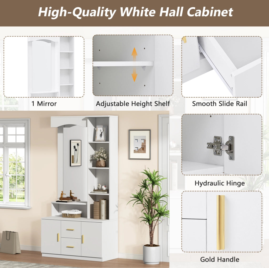 Mobile ingresso multifunzione 90x40x180 cm con specchio; 2 armadi e 2 cassetti; bianco