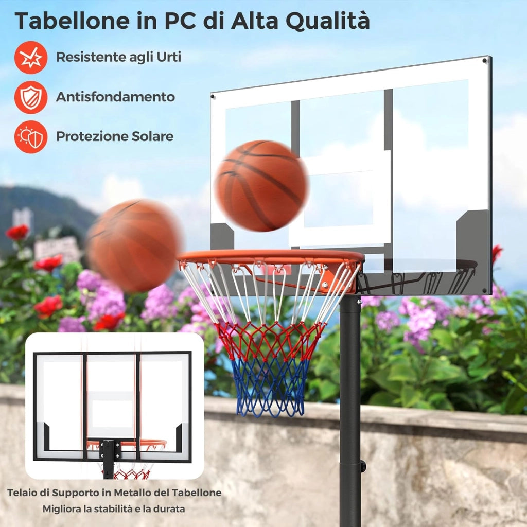 Canestro da Basket Esterno ed Interno Regolabile 100 cm-212 cm, Canestro da Basket per Bambini/Adolescenti Portatile con Tabellone in PC, Base Riempibile e Ruote