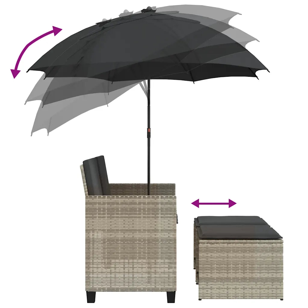 Divano 2Posti Ombrellone e Sgabelli Grigio Chiaro Polyrattan