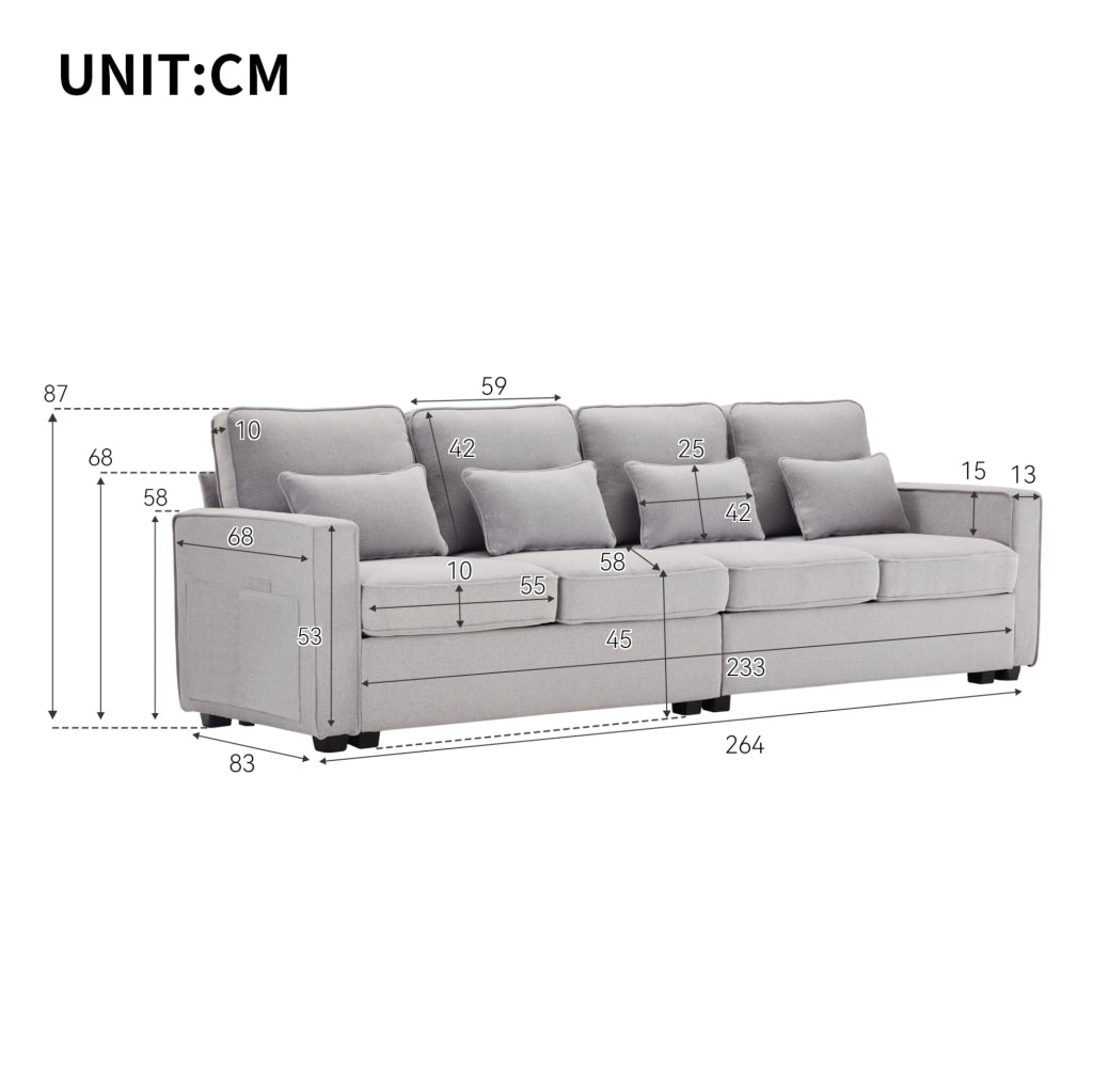 Divano 4 posti 264x83x87 cm con tasche portaoggetti e 4 cuscini in lino grigio