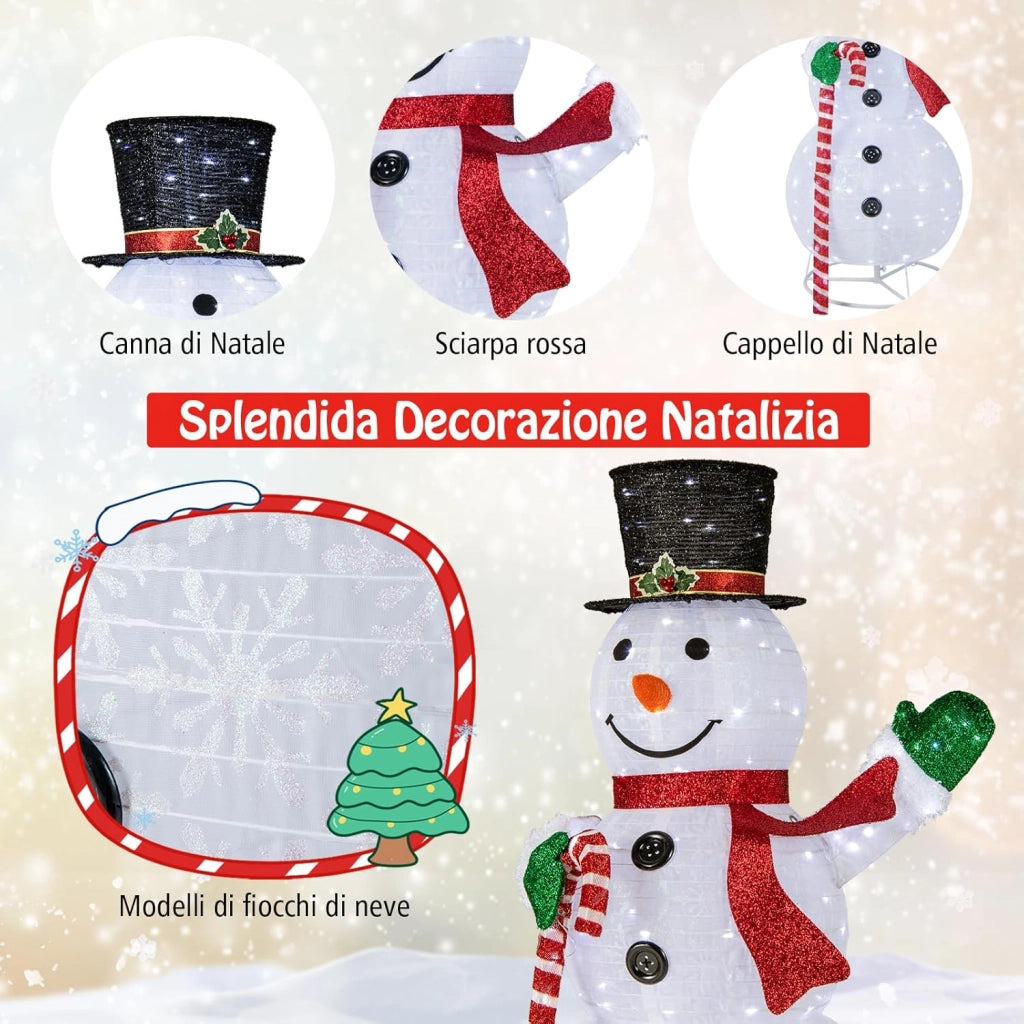 Pupazzo di Neve Luminoso da 150 cm, Decorazione Natalizia con 180 Luci LED, Cappello, Sciarpa, Decorazione Natalizia per Interni ed Esterni per Feste, Balcone, Giardino