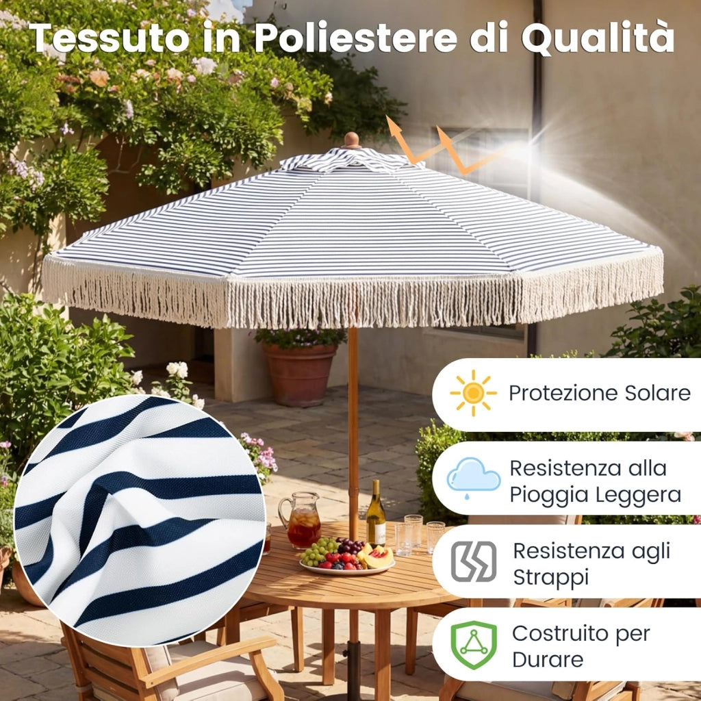 Ombrellone da Spiaggia 200 cm, 6 Stecche in Alluminio, Portatile con Decorazioni, Impermeabile Anti-UV, Antivento per Spiaggia Piscina Cortile (Bianco+Blu)