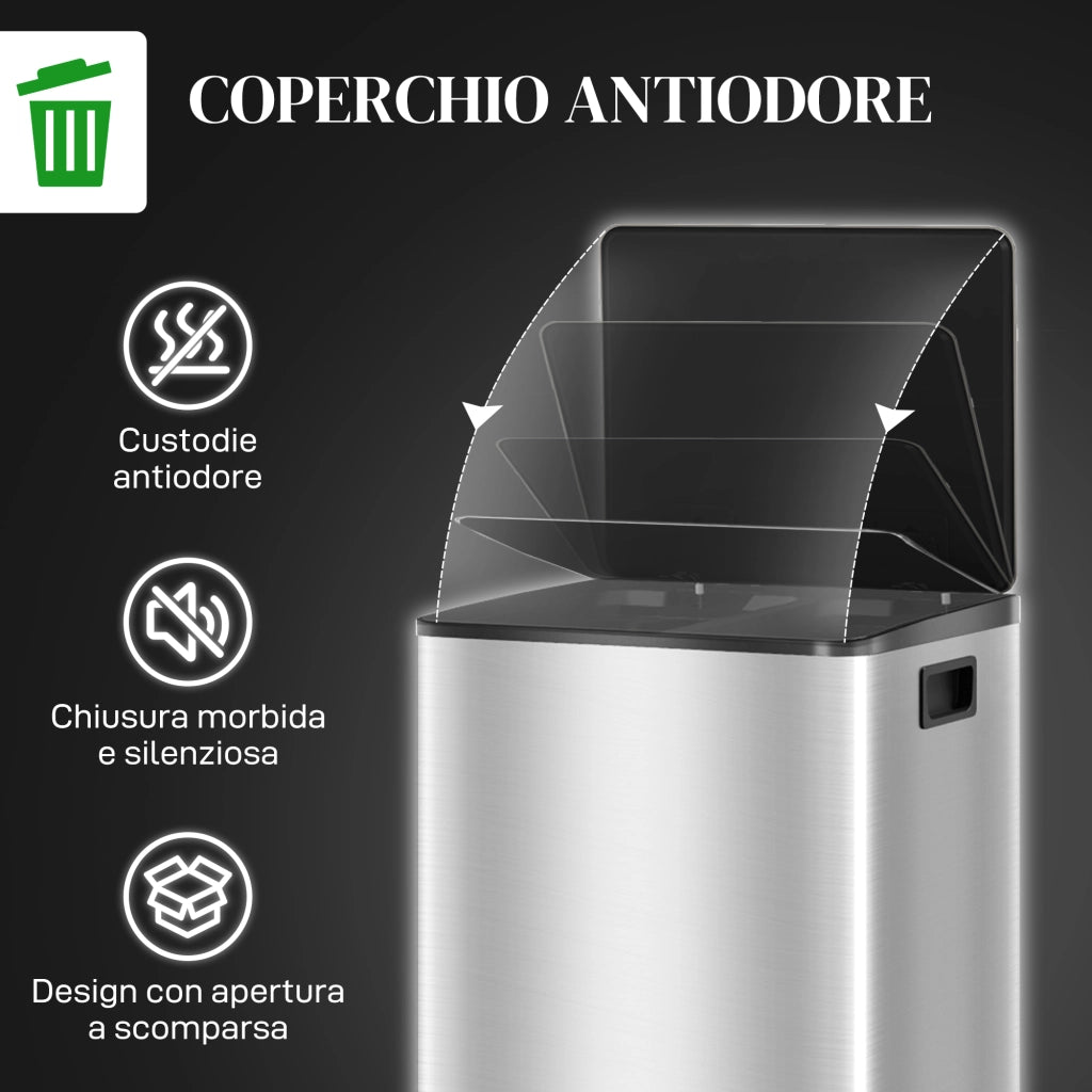 Pattumiera a Pedale 2 Scomparti 30L ¨C Xylo ¨C Acciaio Inox Coperchio Silenzioso 47.7x37.5x66.8cm