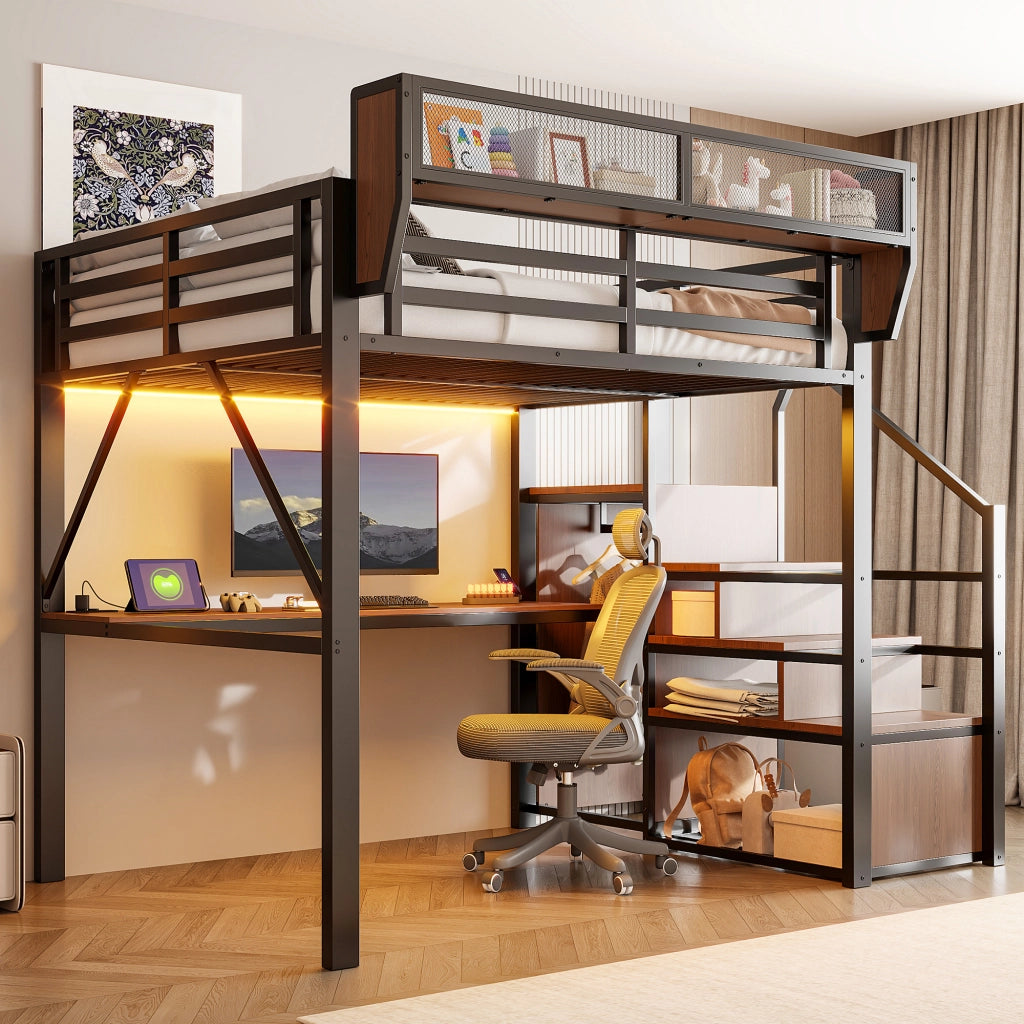 Letto a soppalco 140x200 cm con scrivania; scala e LED
