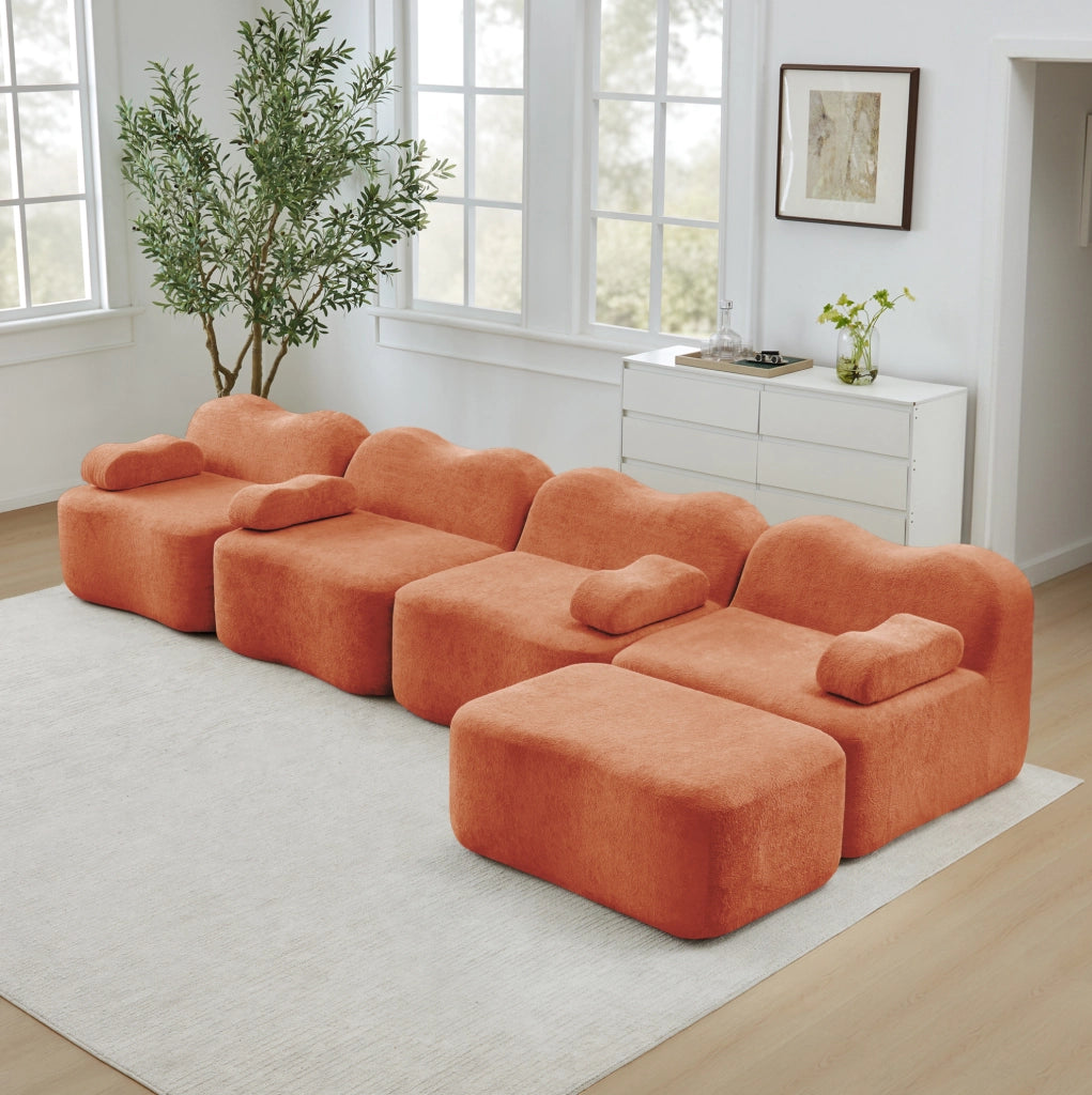 Divano angolare modulare 4 posti con ottomana 384x167x70 cm in velluto arancione