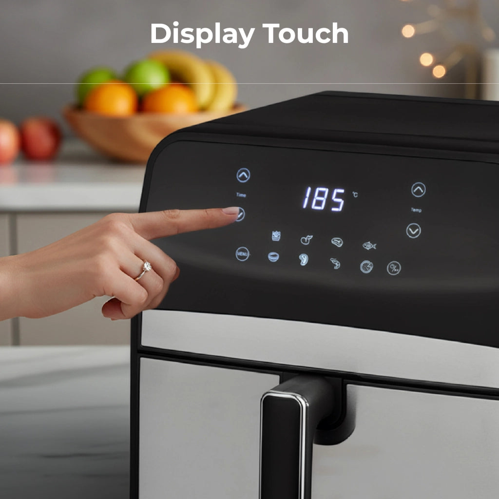 Friggitrice ad Aria 6,5L Digitale XL con Display LED Touch, 8 Programmi Automatici, Temperatura Regolabile fino a 200°C, Cestello Antiaderente, 1800W, Nero/Inox 6.5 Litri - Nero