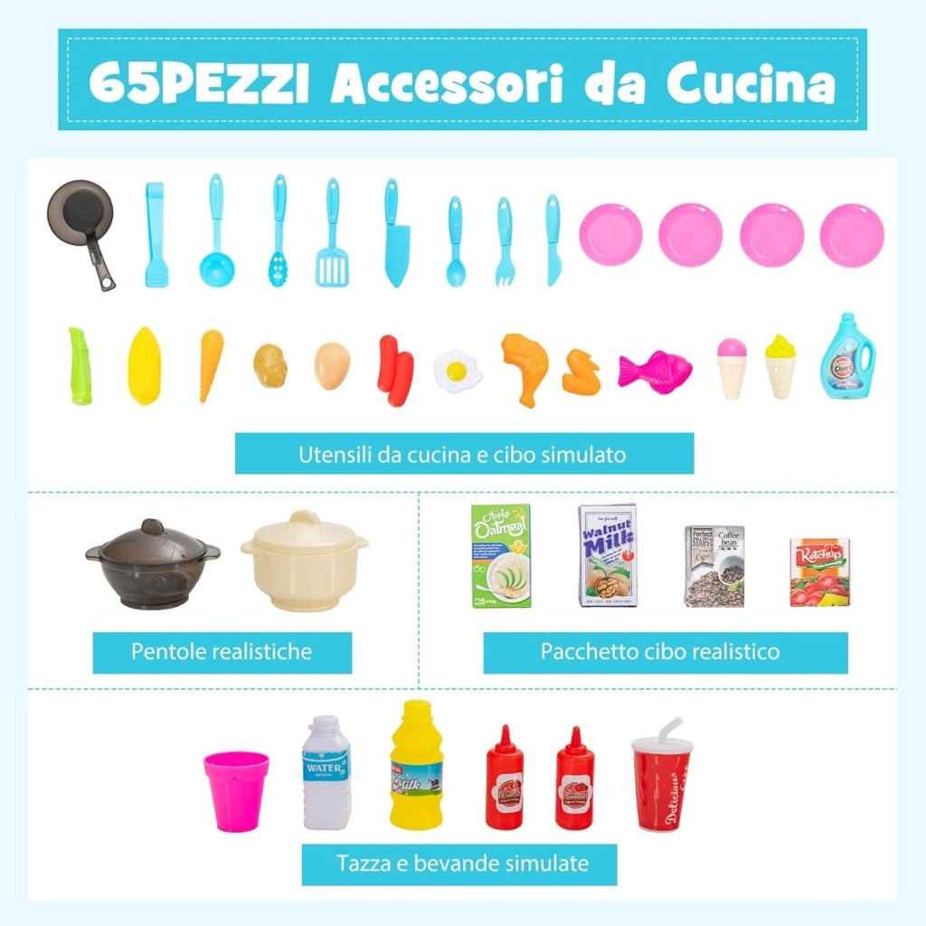 65 Pezzi Cucina Giocattolo per Bambini, Mini Cucina con Finto Vapore Cappa Aspirante, Rubinetto con Acqua Corrente, Canzoni, Luci e Suoni Realistici, 3 Anni+, 45 x 26 x 79 cm (Blu)
