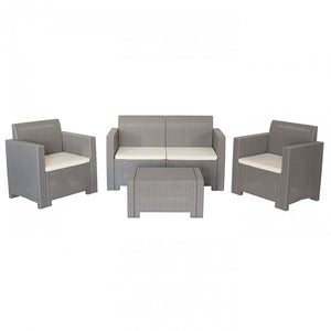 Set Salotto da Giardino Divano 2 Poltrone e Tavolino con Cuscini in Plastica Tortora