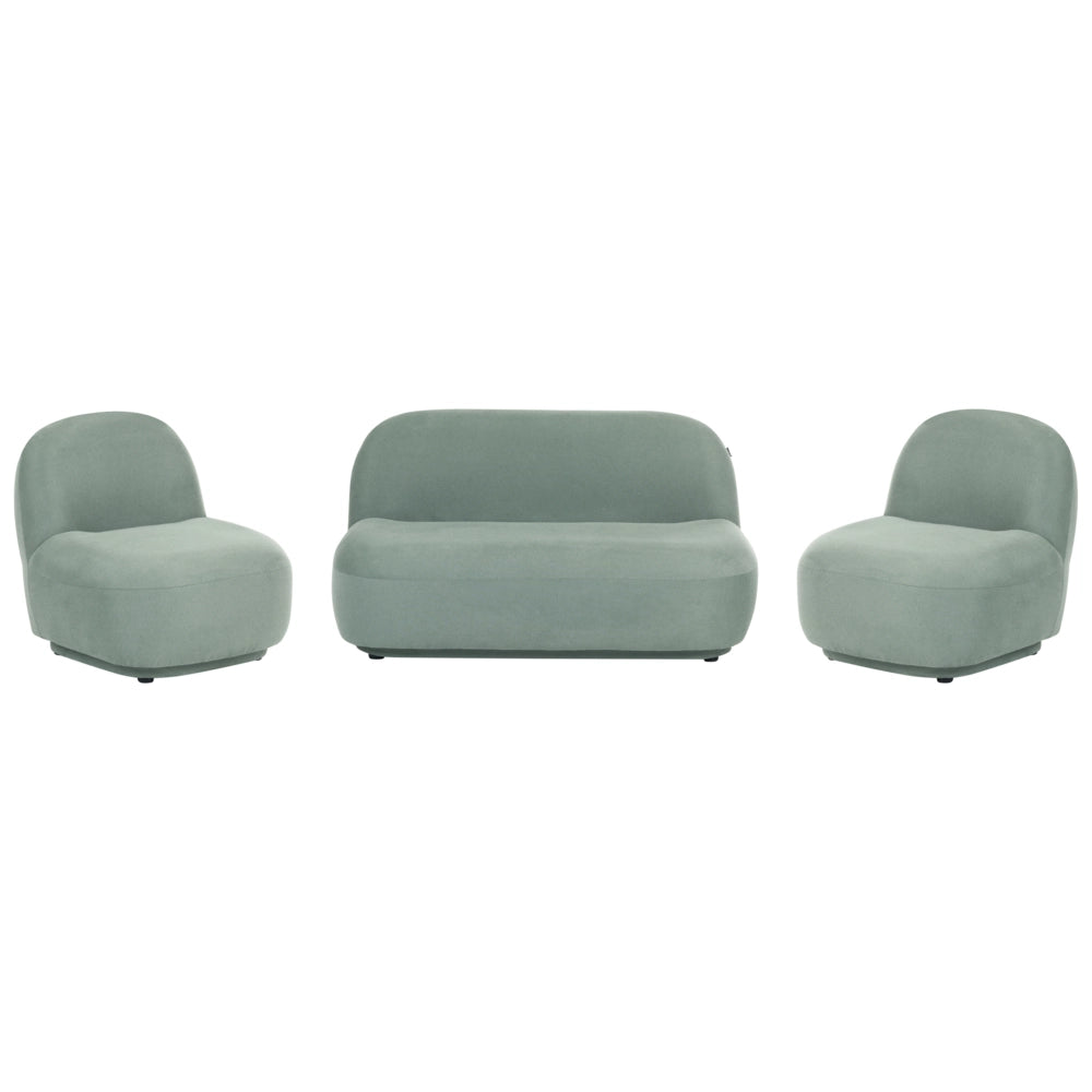 Set divano a 4 posti con poltrone e divanetto a due posti, tessuto idrorepellente verde chiaro, design contemporaneo retrò, schienale basso, salotto moderno e minimalista